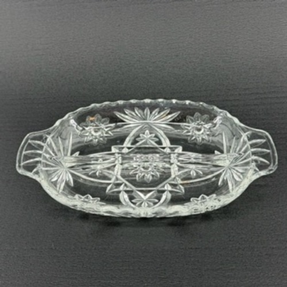 Vintage Clear Pressed Glass Divided Relish Dish Starburst Sunburst Oval 8.5"